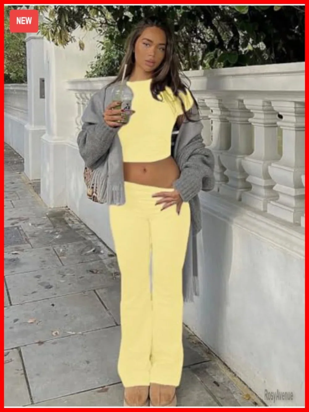 2 Piece Lounge Set - Crop Top & Foldover Flare Pants Pajama Outfit